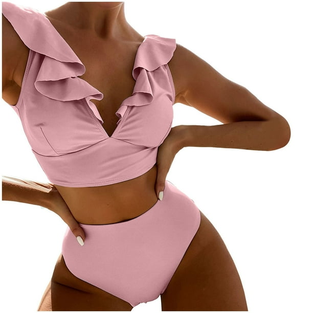 MKLEKYY Trajes De Baño Hombre Natacion New Multicolor Ruffled V Neck Split Swimsuit High Waist Split Bikini Women'S