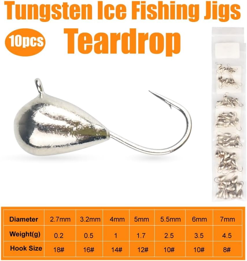 10-Pack Unpainted Tungsten Tear Drop Ice Jigs,2.7/3.2/4/5/5.5/6/7mm Tungsten Ice Fishing Jigs
