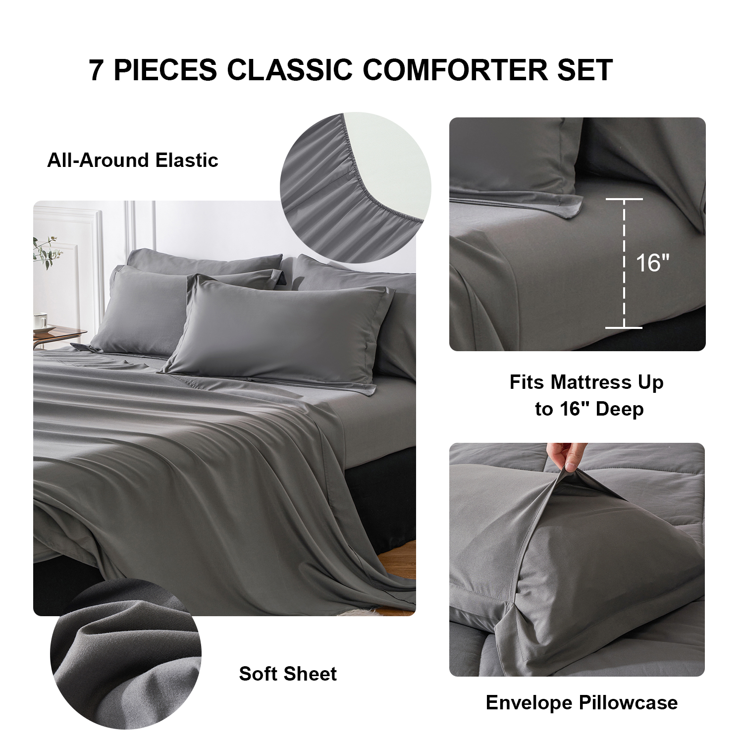 Flymme Full Bed Sets 7 Pieces Dark Grey Comforter Sets with Sheets Modern Soft Microfiber Quilted Warm Complete Bedding for Bedroom Decor