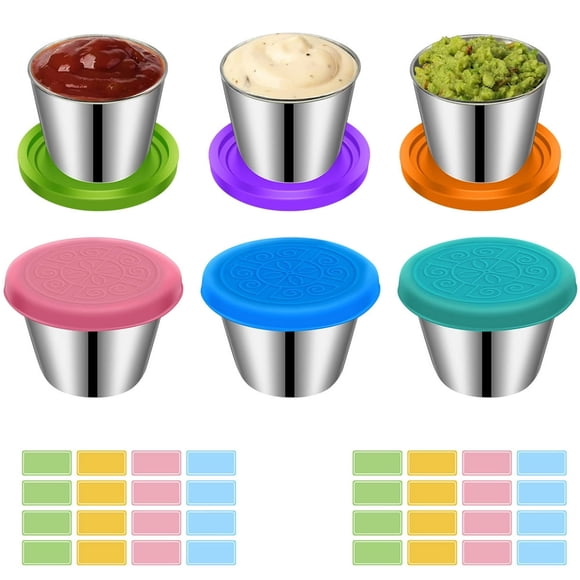 6Pcs Salad Dressing Container with Silicon Lids Labels 1.6oz Reusable Stainless Steel Condiment Container Leak Proof Portable Sauce Container Cup Washable Dipping Sauce Cup for Lunch Bent