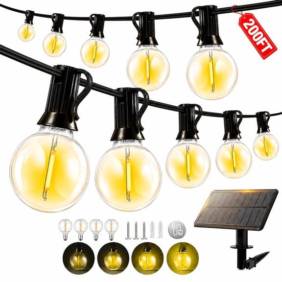 200FT Solar Lights Outdoor IP65 Waterproof, LED String Lights With Shatterproof G40 Dimmable Globe Bulb, Lights Up Automatically At Night