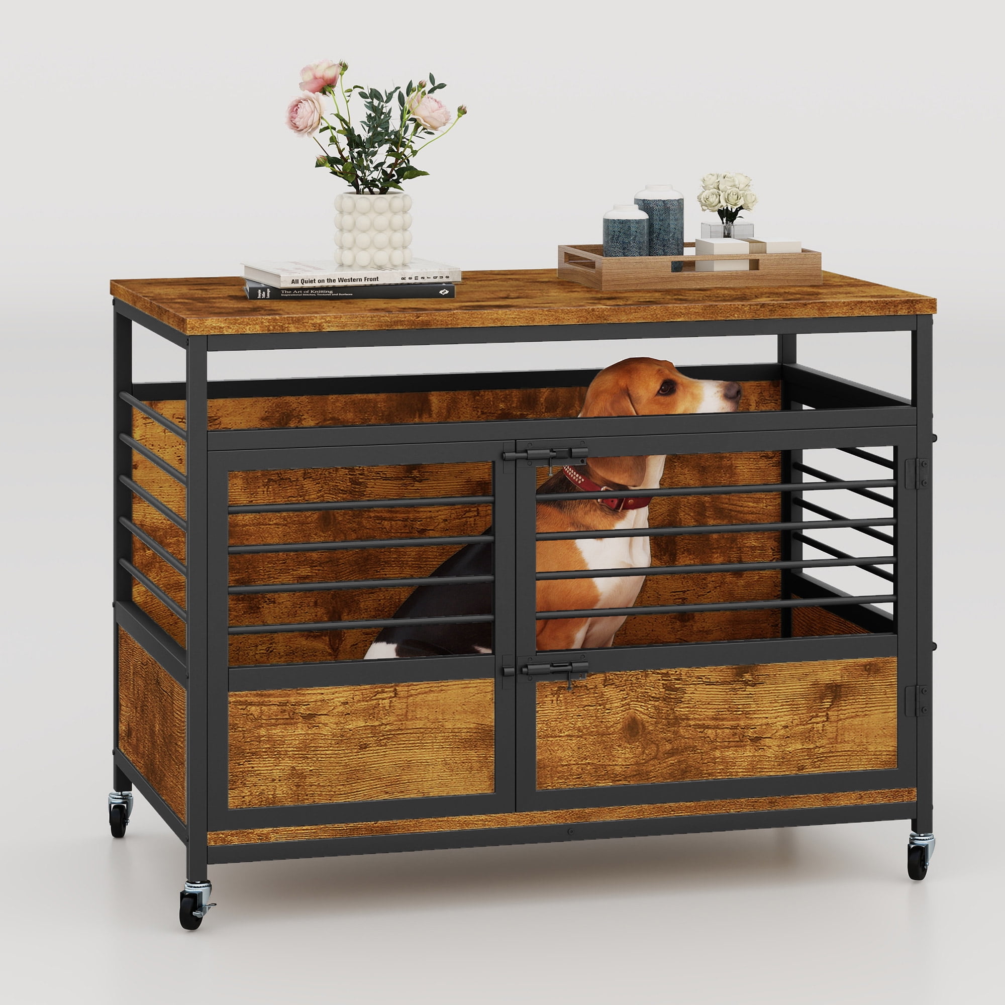 Uforic 2-in-1 Dog Crate Furniture with Wheels, 39.4" Wooden Dog Kennel,End Table, Rustic Brown