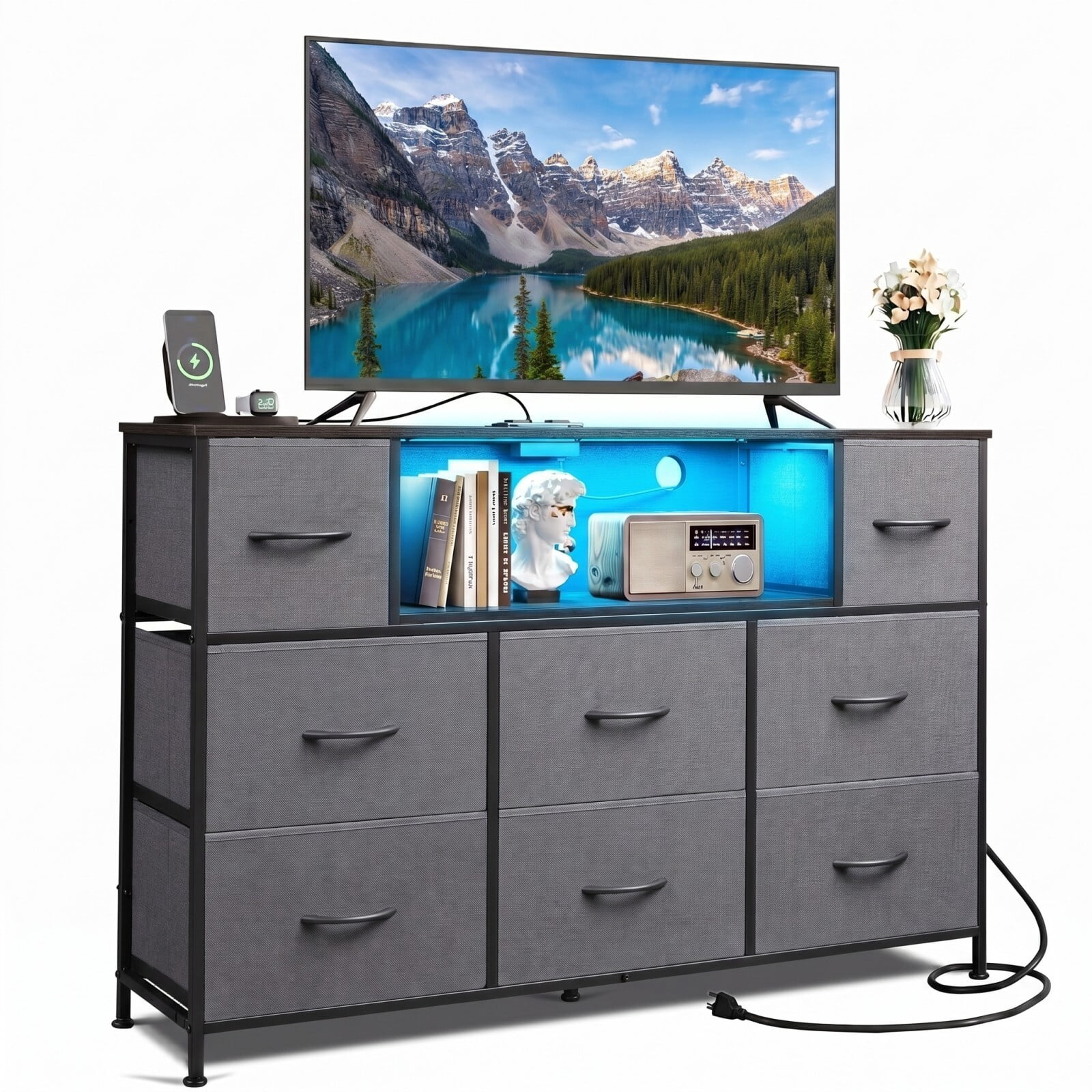 BEAUTYPEAK TV Stand Dresser with 8 Fabric Drawers LED Light Open Shelf AC & USB-C Charging Station, Gray