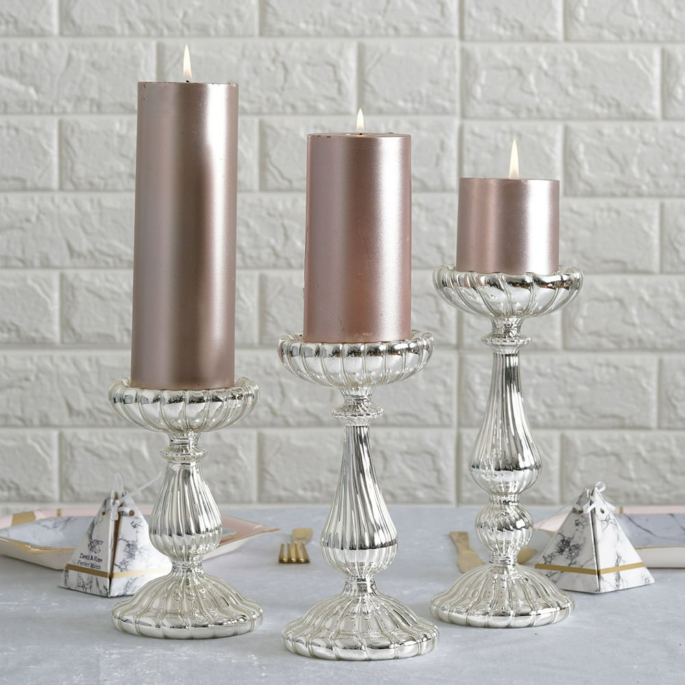 Efavormart Set of 3 Silver Mercury Glass Pillar Candle Holders 7" 8.5" 10"