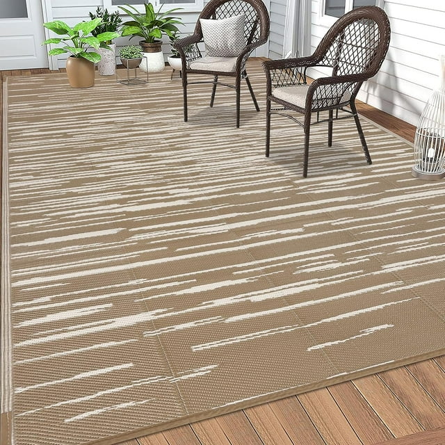Findosom 5'x8' Waterproof Stripe Outdoor Rug, Foldable Reversible Plastic Straw Rug, Large Patio Rug for Outdoors, RV, Patio, Backyard, Deck, Picnic, Beach, Camping Brown