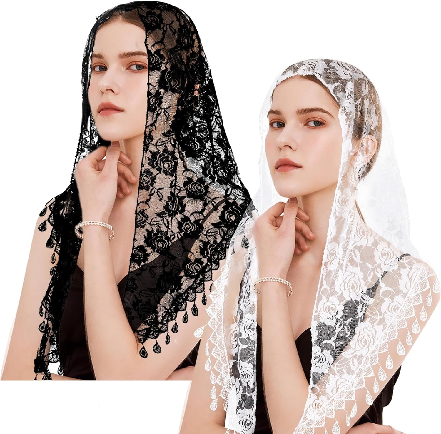 Mantilla Velo Chapel Spagnolo | Velo In Pizzo Per Chiesa | Prima Comunione | Messa Latina | Bianco/Nero - Foto 3