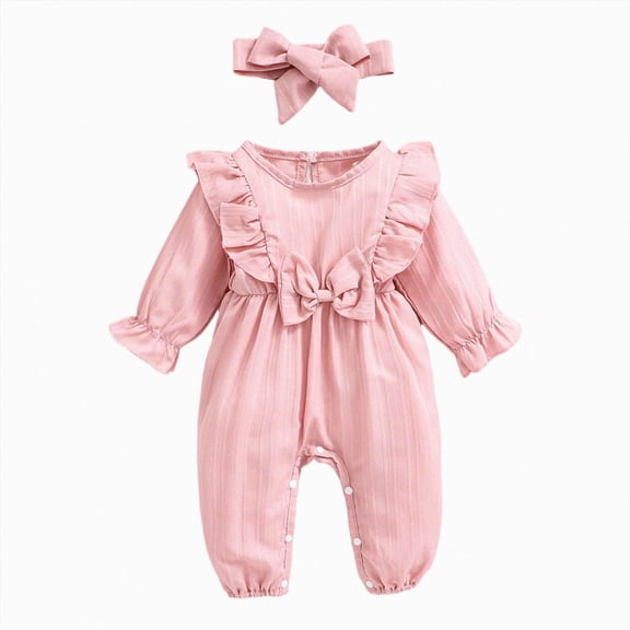mgoYE Baby Girl Romper Infant Fall Winter Clothes Ruffle Sweater Long Sleeve Bodysuit Jumpsuit and Headband(Pink,6-9 Months)