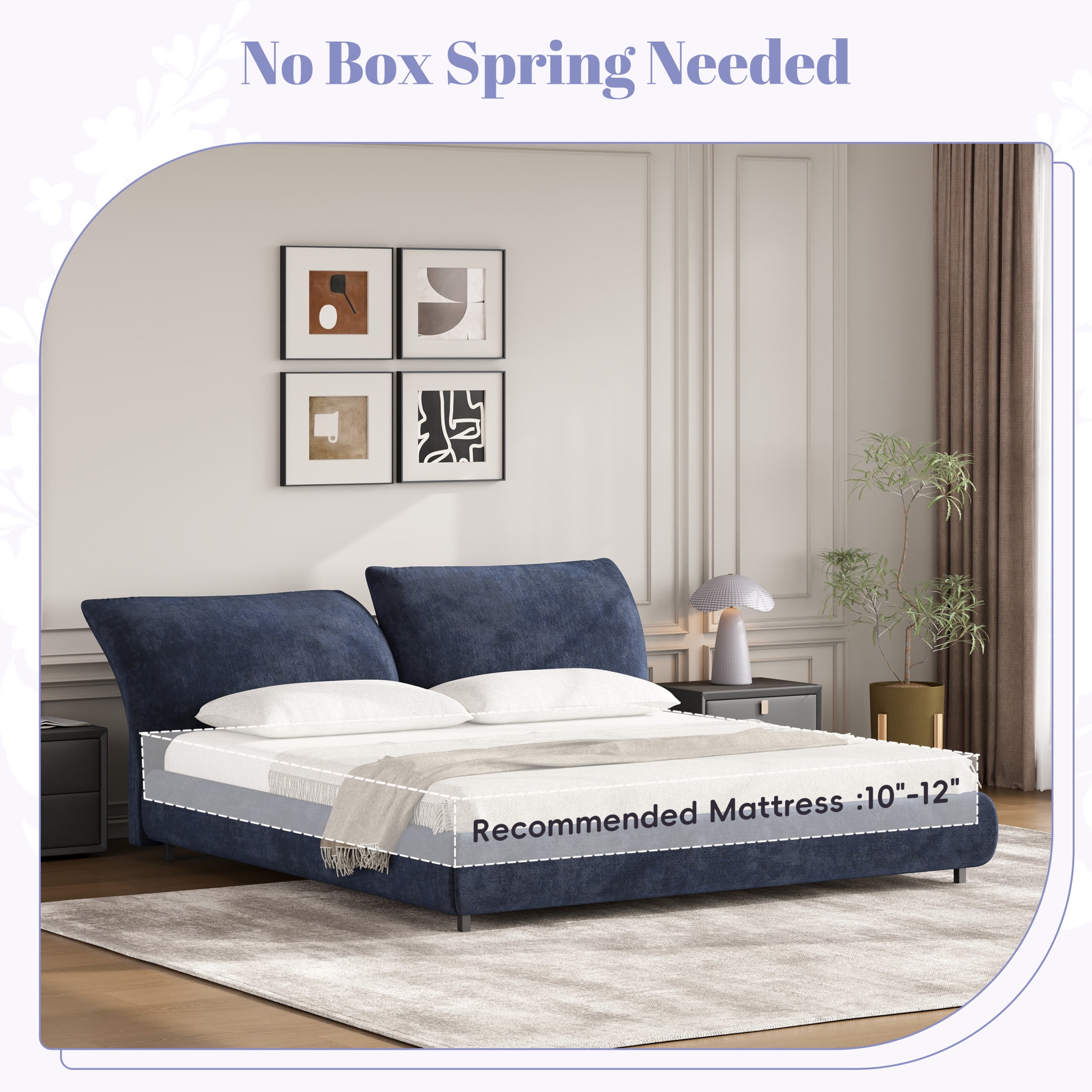 Christopher Knight Home Minimalist Upholstered King Bed Frame with Adjustable Cushions, Dark Blue