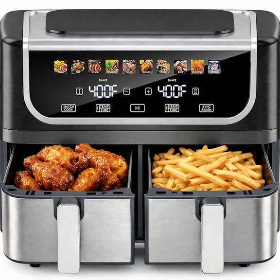 9.5 Liter Double-basket Air Fryer Black, Large Capacity Independent Temperature Control, 10 Preset Modes Cooking Appliance
