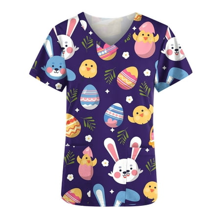 

Women s Scrub Top Trendy Easter Print Eggs Pattern Short Sleeve V Neck Working Uniform Blouses with Pockets