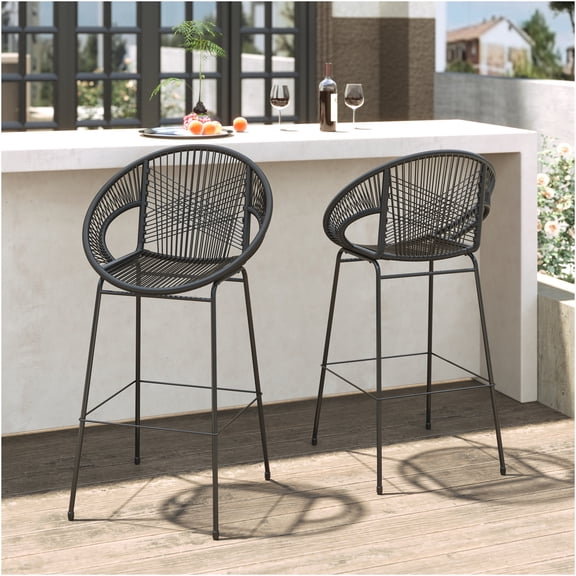 JERFIT 2-Pack Black PE Rattan Bar Stools Set for Kitchen Island Counter, Outdoor Patio Bistro Height Chairs with Ergonomic Backrest, All-Weather Faux Wicker Barstools