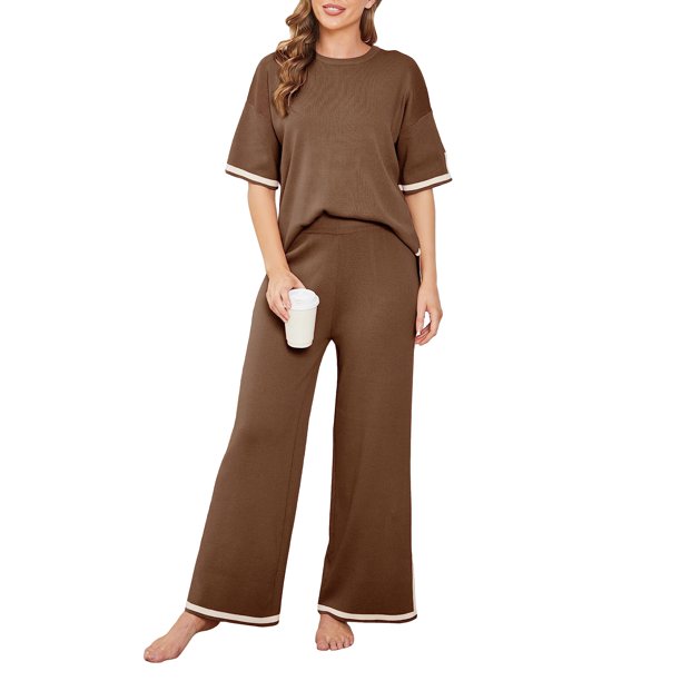 Lucakuins - Conjuntos informales de 2 piezas para mujer, manga larga, cuello redondo, pantalones de pierna ancha, conjuntos de ropa de calle Lucakuins moda