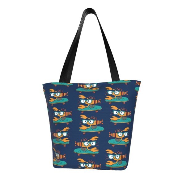 Fotbe Skateboard Rides Cartoon Lobster Pattern Beach Tote,Shoulder Handbag,Spacious Tote Bag,Lightweight Travel Bag,Versatile Shopping Bag