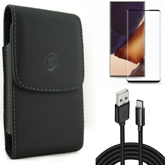 Case Belt Clip & Screen Protector & 10ft USB Cable for Samsung Galaxy Note 20 Ultra (6.9") - Combo with Leather Holster & Tempered Glass (Fingerprint Unlock) & Type-C Charger Cord