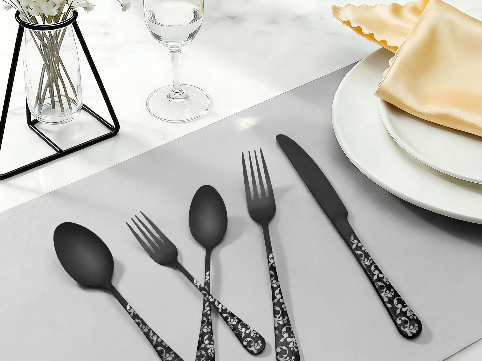 Unique Bargains 20 Piece Silverware Set for 4 Stainless Steel Floral Cutlery Black 20