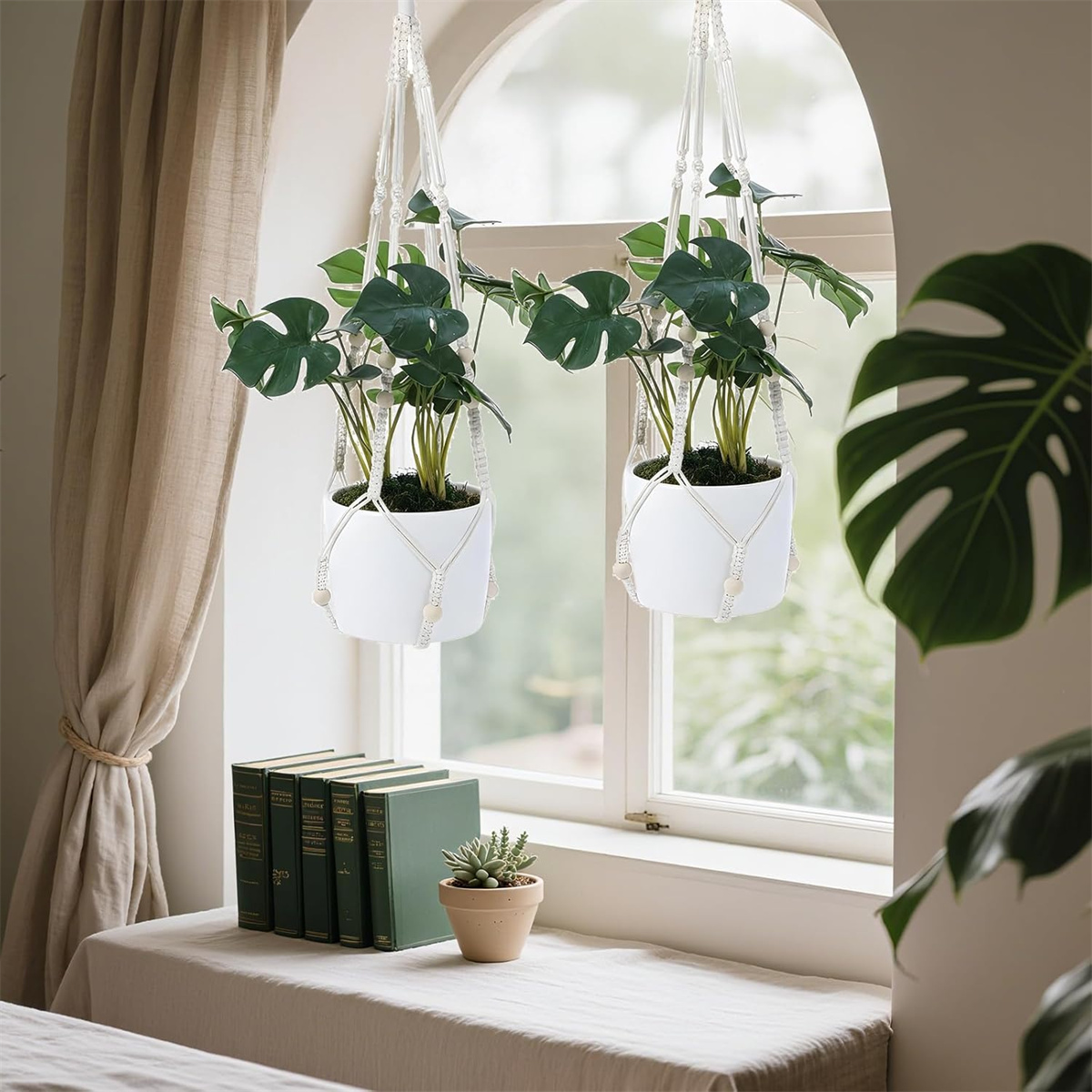 Yahome 3 Pcs Macrame Plant Hanger Indoor Outdoor Hanging Planter for Plants 35 Inch Holder Flower Pot Holder with Decorative Wood Beads & No Tassels, Ivory (Pots Not Included)
