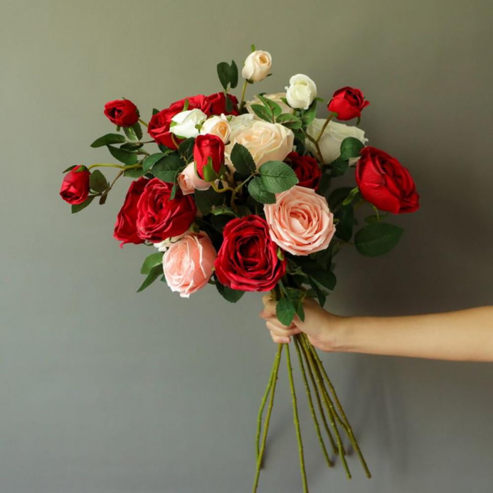 Artificial Flowers, Fake Flowers Silk Plastic Artificial Roses 12 Heads