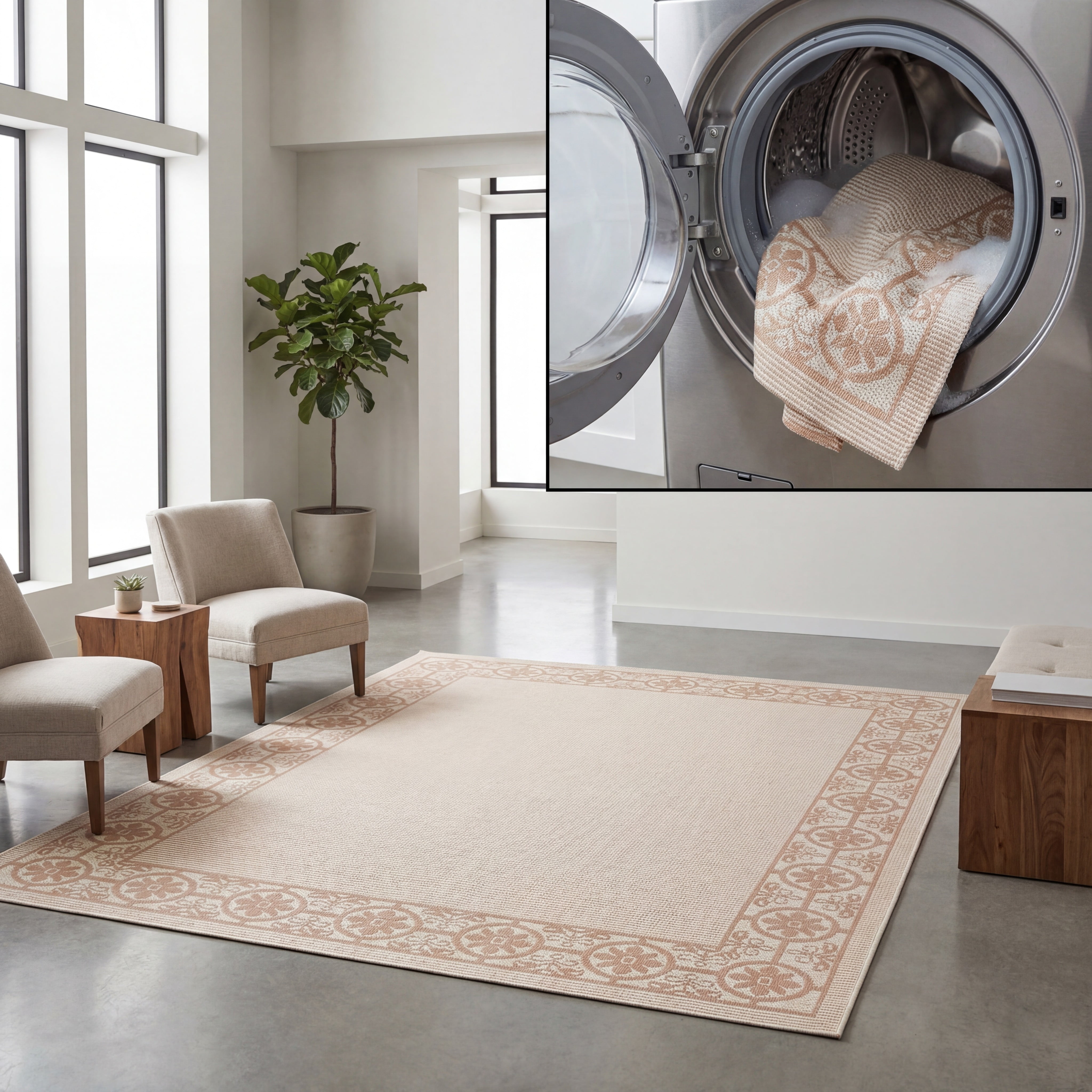 SAFAVIEH Machine Washable Rug Indoor/Outdoor Bermuda Collection - Bermuda Zoey Floral Bordered Indoor/Outdoor Area Rug Ivory/Beige, 9' x 12'