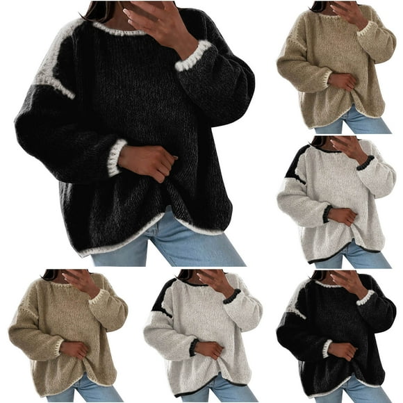 WRKEKC Sweaters for Women Autumn Winter Casual Long Sleeve Print Knit Pullover with Round Neck Floral Pattern Cozy Warm