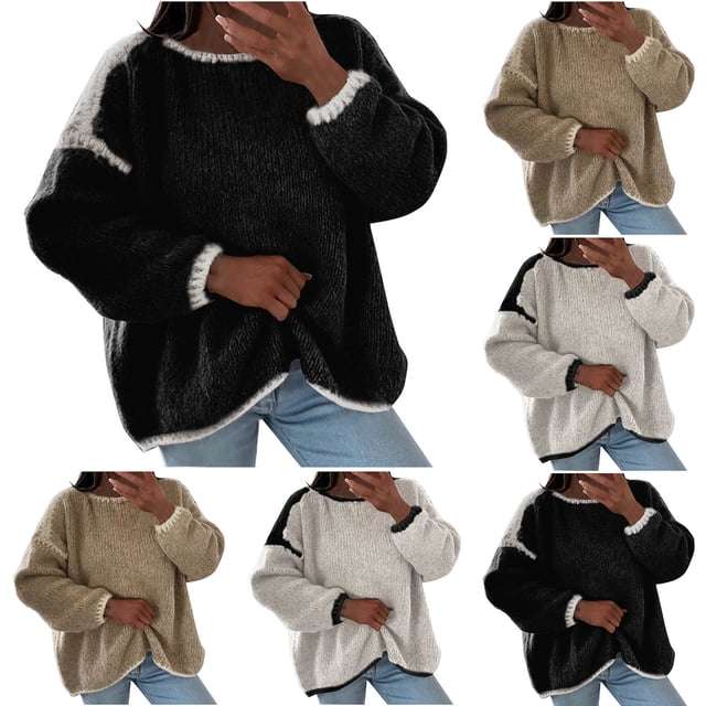 WRKEKC Chandails pour Femmes Automne Hiver Décontracté à Manches Longues Imprimé Tricot Chandail à Col Rond Motif Floral Cozy Chaud