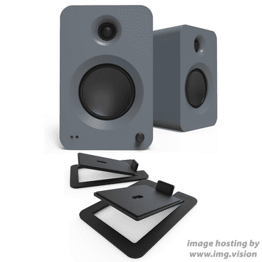 Kanto REN GREY Bluetooth Powered Bookshelf Speakers - Matte Grey Pair with Kanto S6 Angled Desktop Speaker Stands for Large Speakers - Black Pair (2024)