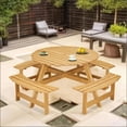 thumbnail image 4 of Patio Rustic 8-Person Round Picnic Table, 4 Built-in Benches Umbrella Hole for Backyard Porch | Natural | Wood, 4 of 18
