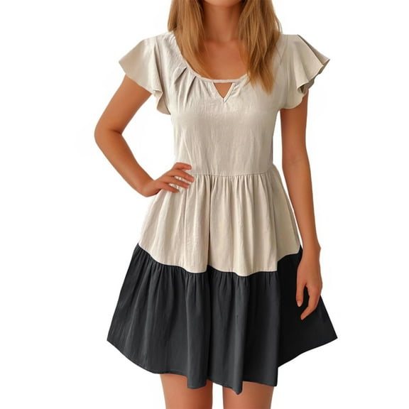 Arnsht Summer Casual Dresses for Women Fashion Cute Ruffle Cap Sleeve Color Blocking V-Neck Flowy Swing Mini Dress Sundress Black XXL