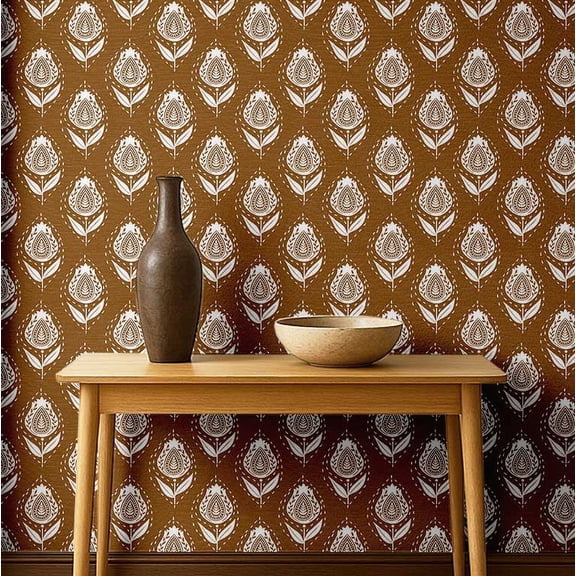 S4Sassy Ethnic Paisley Leaf Wallpaper- Asian Style Walls Covering, 25 x 120 Self-Adhesive Vinyl Wall Paper, Decorative Wallwrap, Easy DIY Wall Covering For Bedroom, Living Room, Living Spaces- Brown