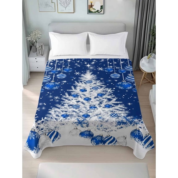 Queen Size Flat Sheet Only,Christmas Tree Blue Christmas Ball Soft Top Bed Sheets Breathable Bedding Sheet Winter Falling Snow Microfiber Hotel Luxury Top Sheets