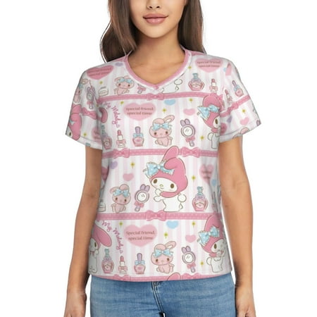 

My Melody Women S Classic-Fit Cotton Short-Sleeve V Neck T-Shirt，Tunic Blouse Top Ladies Casual Loose Top