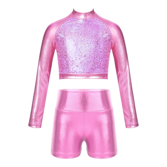 YiZYiF Kids Girls Glossy Metallic Jazz Hip Hop Dance Outfit Long Sleeve Sequins Crop Top with Dance Shorts Activewear Pink 12