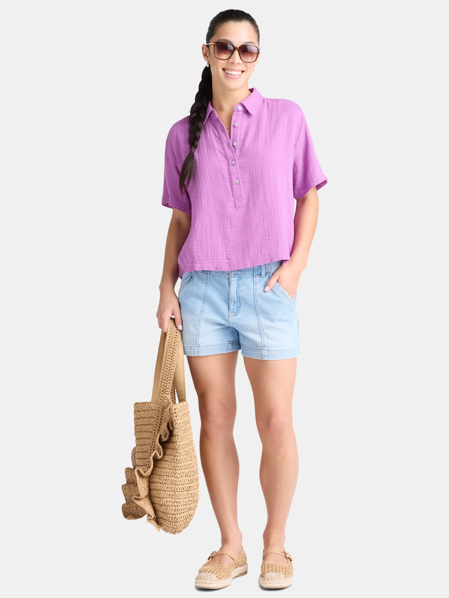 Time and Tru Women's Cotton Double Cloth Cropped Shirt, Size XS-XXXL