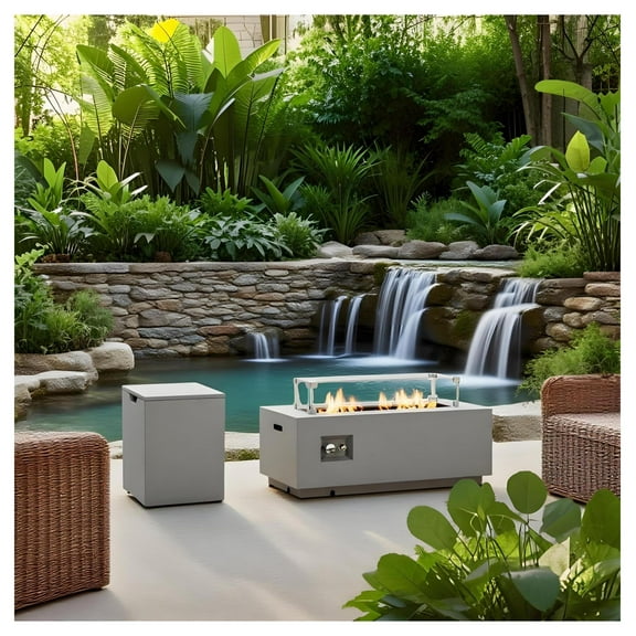 42" Rectangular Steel Propane Gas Fire Pit Table, 50,000 BTU, Glass Wind Guard, Outdoor Patio, Garden Fireplace, Gray Finish