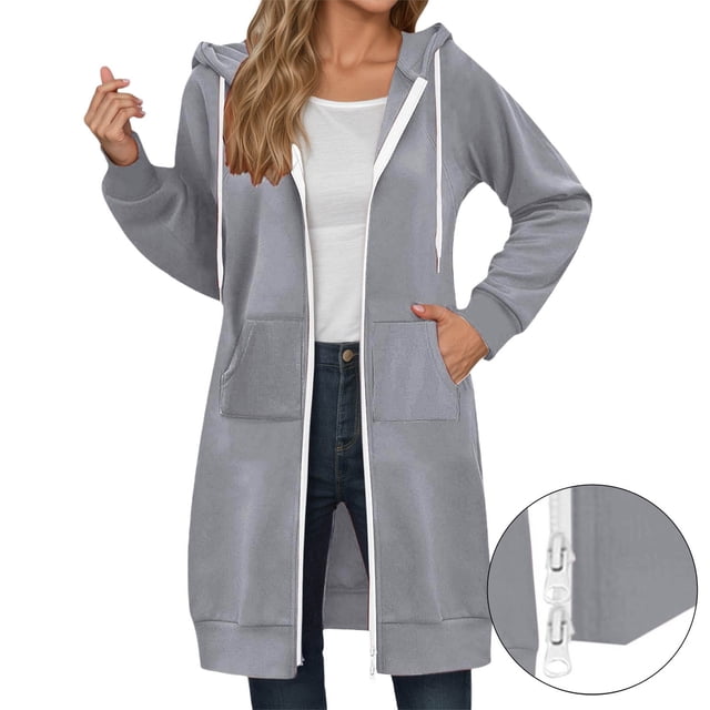 Chandail à Capuchon & Chandails en Molleton pour Femmes Long Sweat à Capuche à Fermeture Éclair Automne Hiver Veste de Sport Extra Grand Design Uni