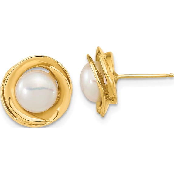14K Yellow Gold 6-7mm White Button Freshwater Cultured Pearl Post Earrings (11.2 X 10.5) Made In Canada xf646e