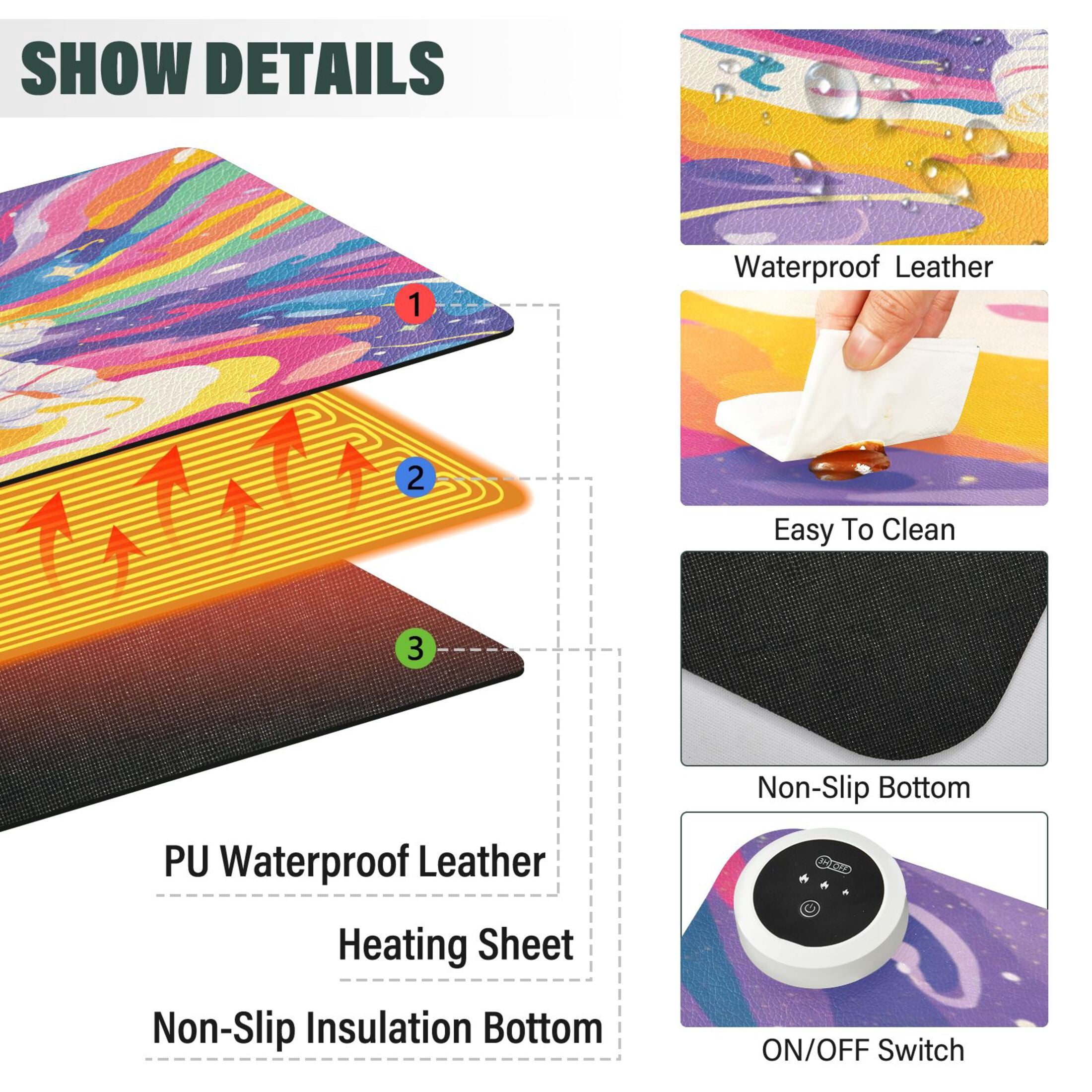 Large Heated Desk Mat Mouse Pad 31.5"x13"PU Leather Graphene Heating Desk Warmer with 3 Temperature Settings 110V US Plug Non-Slip Warm Pad for Home, Office, and Gaming Neon Swirl Astronaut Print