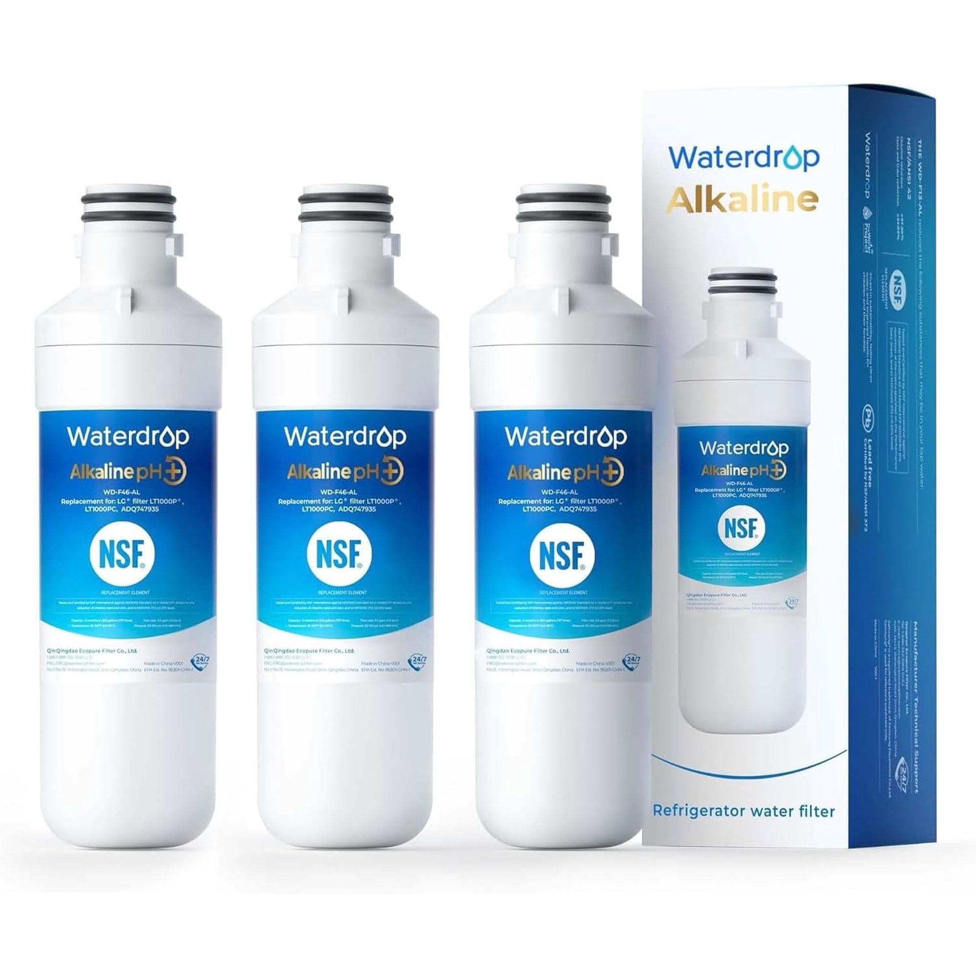 Waterdrop Alkaline LT1000PC ADQ747935 Replacement for LG® LT1000P®/PC/PCS ThinQ® Refrigerator Water Filter, LFXS26973S, LMXS28626S, LMWS27626S, LFXS28596S, LFXS26596S, Enhance PH, 3 Filters