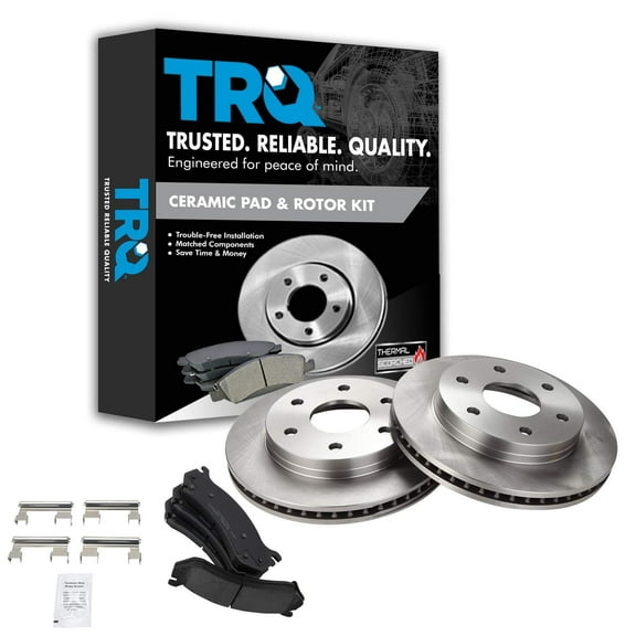 TRQ Front Brake Kit Fits Select Chevy GMC Silverado Sierra Yukon XL Avalanche 1500 Tahoe Cadillac Escalade EXT ESV Disc Brake Rotors Ceramic Brake Pads 12 inch Rotor 4-Wheel Disc Model