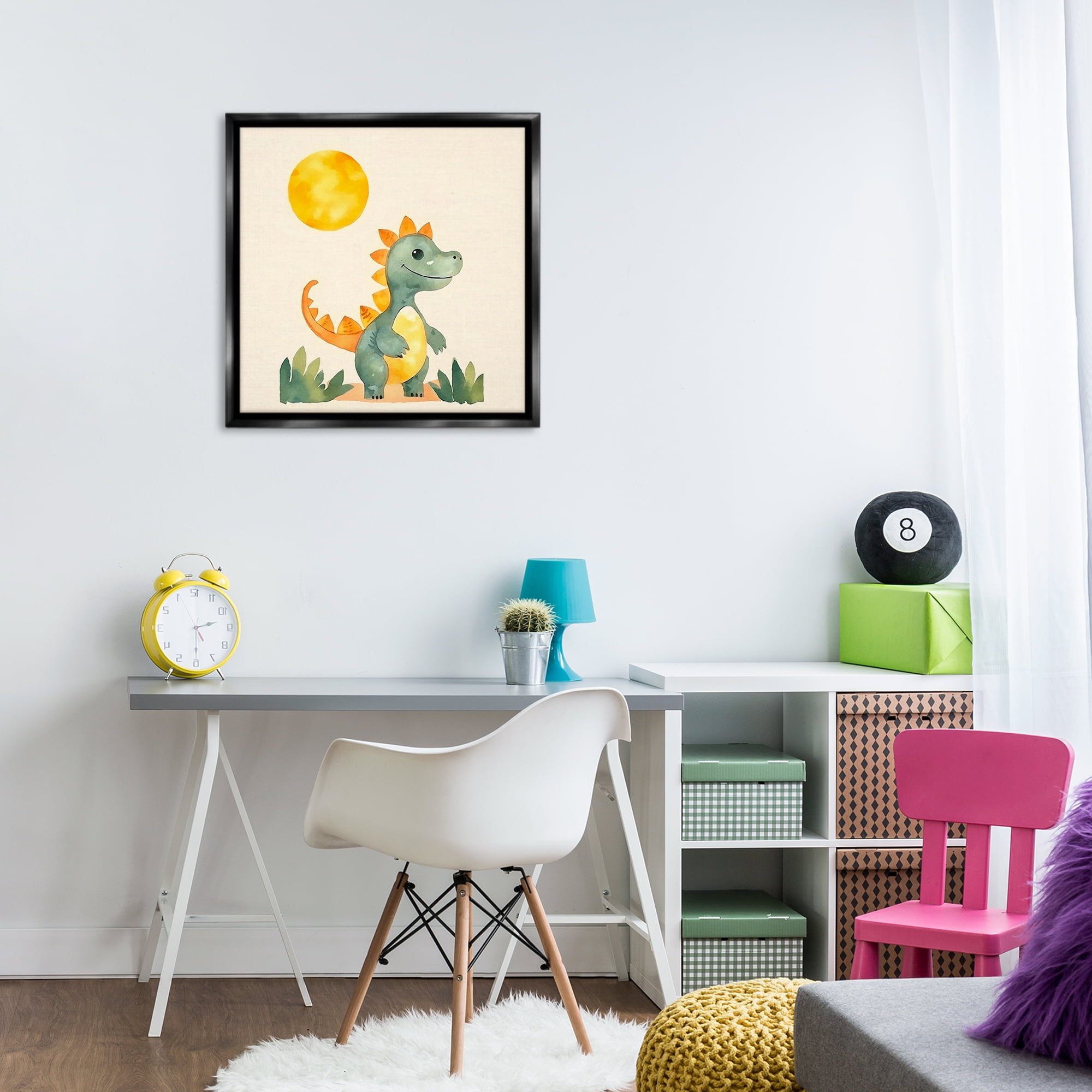 Stupell Industries Happy Dinosaur & Sun Animals Painting Black Floater Framed Canvas Art Print Wall Art, 25 x 25