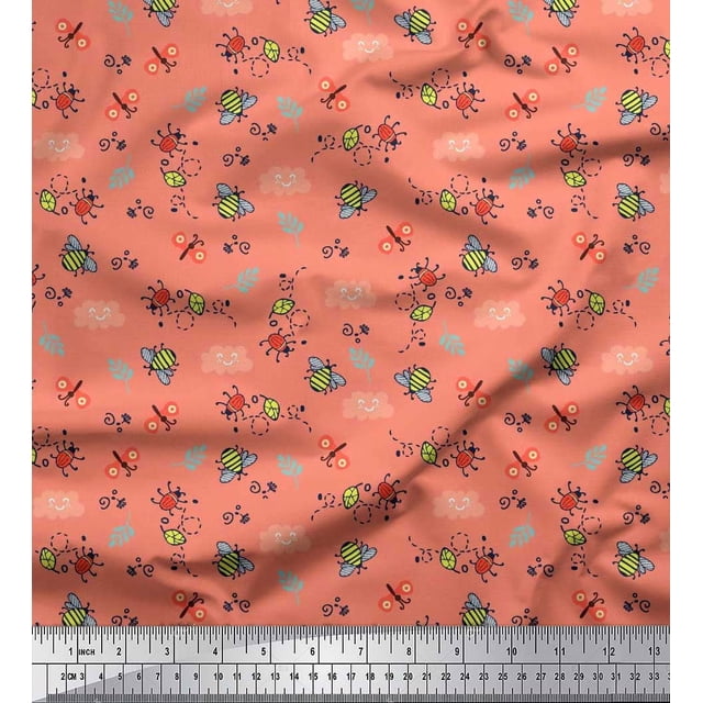 Soimoi Tissu Orange Poly Georgette Abeille & Insectes Bettle Imprimé 1 Yard 52 Pouces de Large