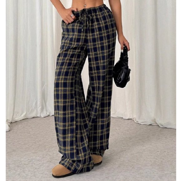 Women's Wide Leg Pants Drawstring Elastic High Waisted Plaid Pants Pajama With Pockets Pants for Women Business Casual Casual Pants Women Tall Women Pants Casual Elastic Waist Straight Leg Pants Women