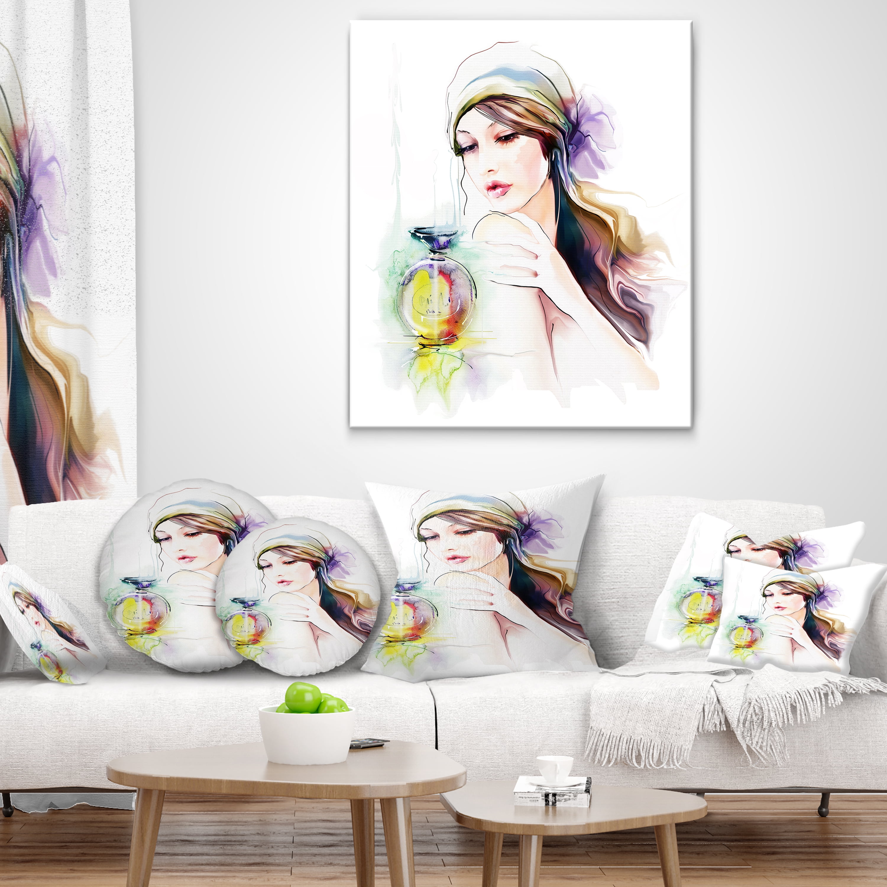 Designart Woman with Perfume Bottle - Portrait Contemporary Throw Pillow - 18x18