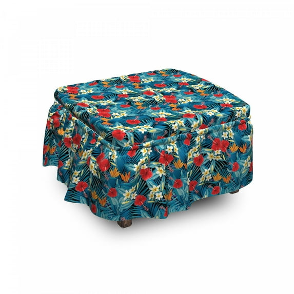 Summer Ottoman Cover, Jungle Flowers Blooms Motif, 2 Piece Slipcover Set with Ruffle Skirt for Square Round Cube Footstool Decorative Home Accent, Standard Size, Multicolor, by Ambesonne