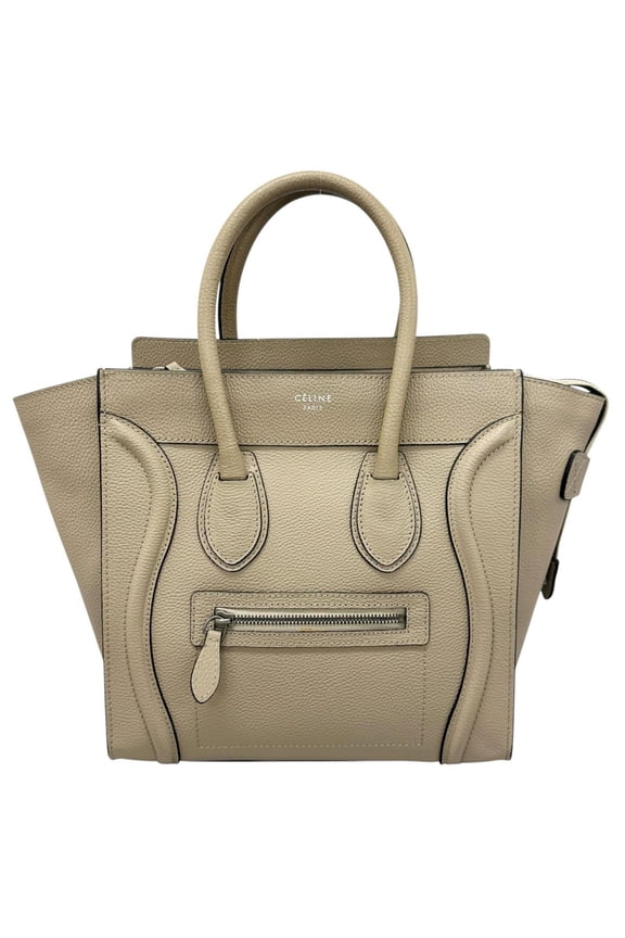 Pre-Owned CELINE Luggage Micro Shopper Handbag, Leather, Greige, Women's