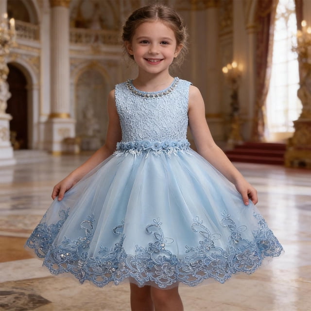 hengsof Robe Pouf Sans Manches à Col Rond Perlée pour Fille, Robe de Princesse Brodée Mode Été Adaptée aux Enfants de 3 à 12 Ans, Robe de Soirée