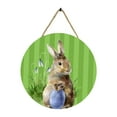 thumbnail image 1 of Letrero redondo de Pascua para puerta, decoración de madera con diseño de conejo y respaldo de cuerda de yute rústica. Estilo D, 1 of 9