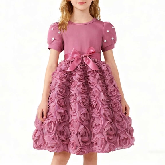 Cethrio Girls Birthday Dresses, Mid-length Party Casual Long Sleeve Princess Dresses Watermelon Red Size 7-8 T