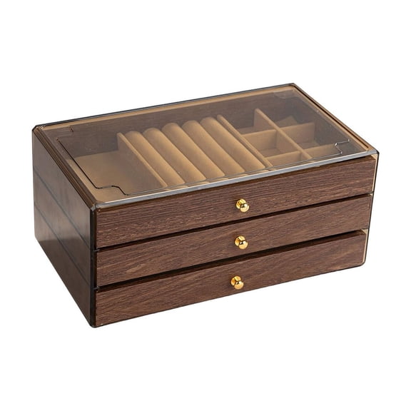 3 Tier Wooden Jewelry Organizer with Clear Lid, Large Capacity Drawers, Multiple Compartments for Earrings, Rings, Necklaces & Bracelets