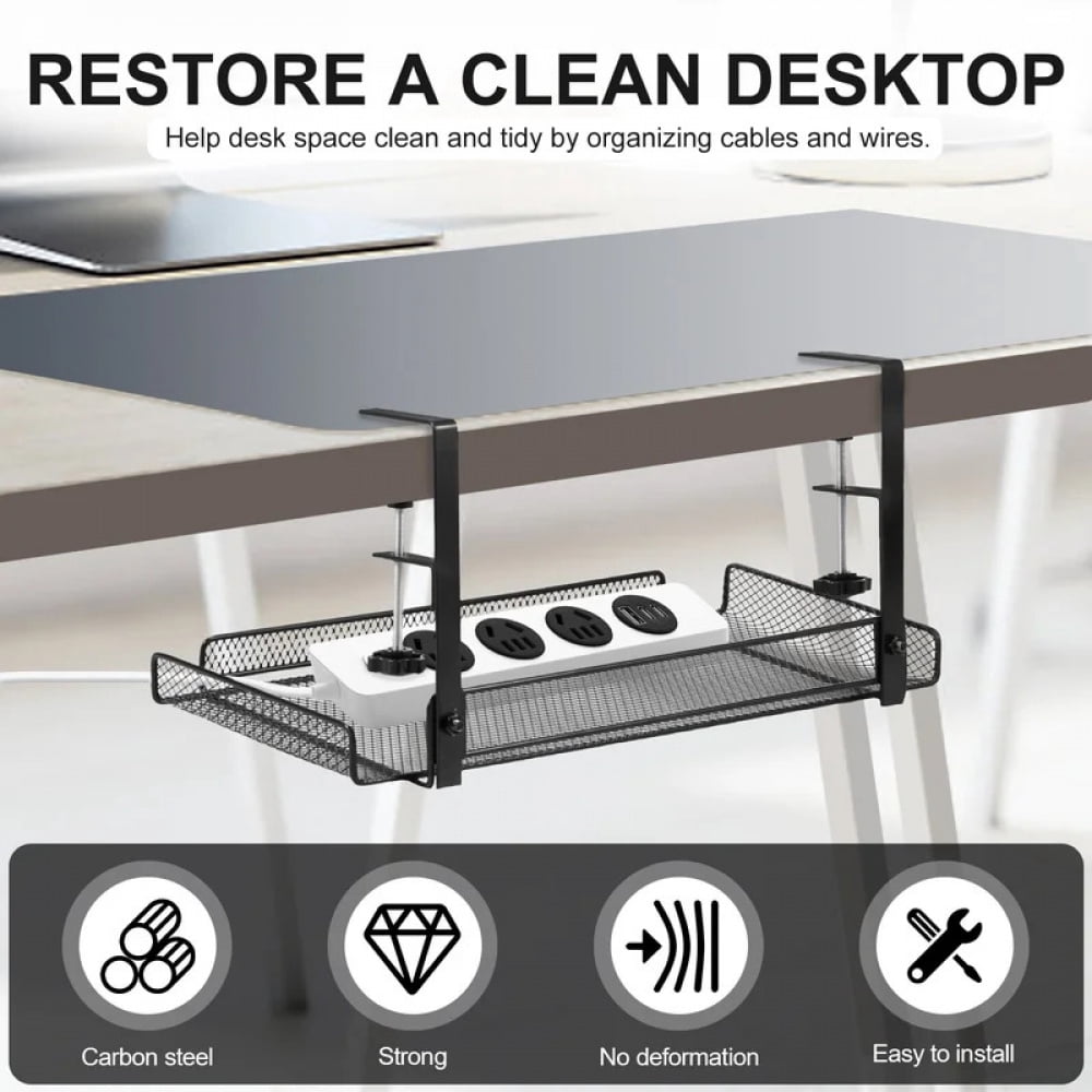 Under Desk Cable Management Tray Carbon Steel No Drill with Clamps Desk Wire Organizers Tray Cable Management Storage Tray
