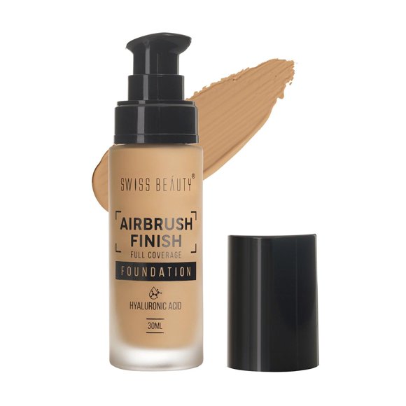 SWISS BEAUTY Airbrush Finish Lightweight Foundation | Full Coverage Blendable Foundation For Face Makeup |With Benefits Of Hyaluronic Acid, Aloevera And Vitamin E | 30Ml | Shade- Caramel Beige